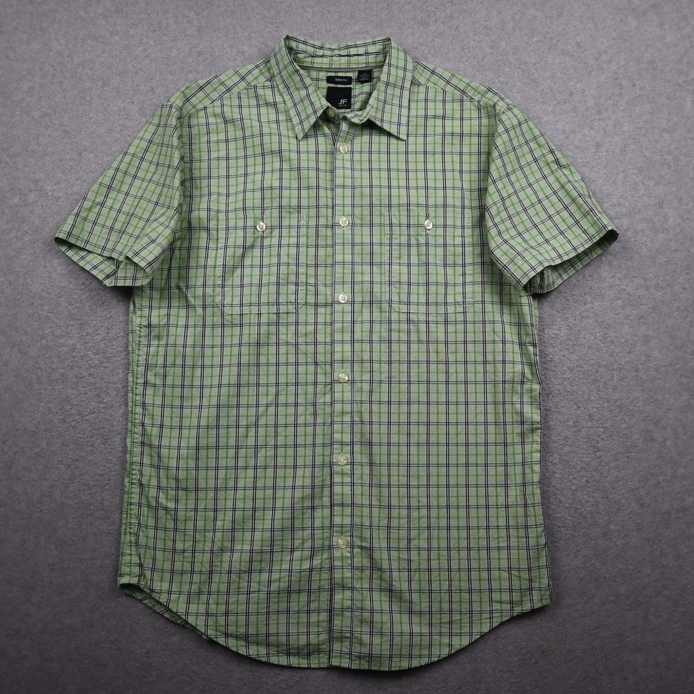 J. Ferrar Button Down Mens M Slim Fit Green Plaid Short Sleeve Cotton Shirt